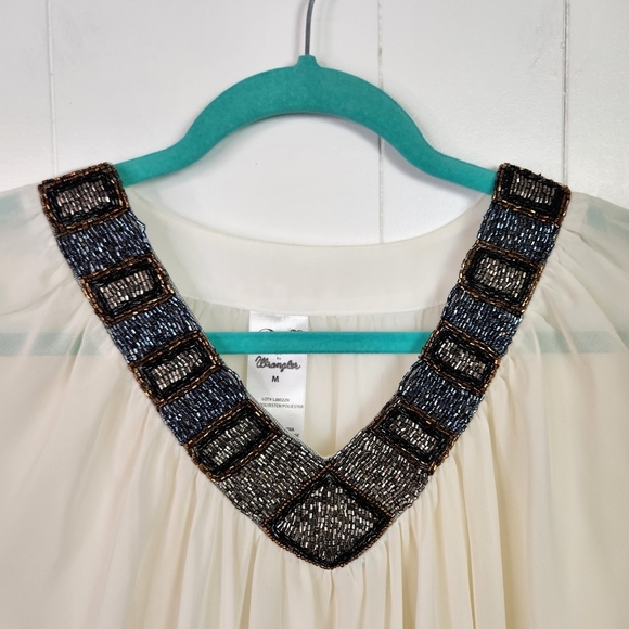 Rock 47 Wrangler White Sheer Beaded V Neck Blouse Top Shirt Western Boho Cowgirl - Picture 2 of 7